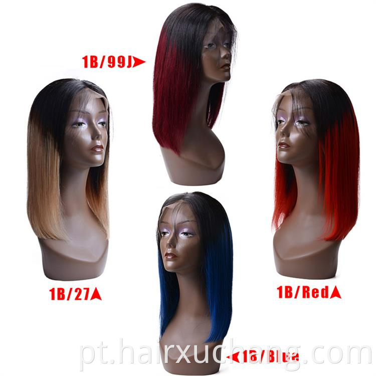 Ombre por atacado Hair brasileiro Swiss Lace peruca curta Bob peruca cor de cabelo 1b/27 azul vermelho 99j Lace Front Wig